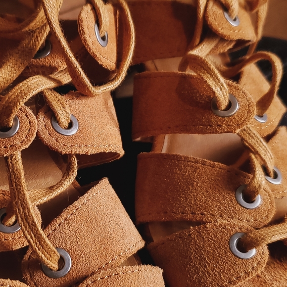 Suede Nude/Brown Lucky Brand Lace Up Sandal Heels - Picture 7 of 7